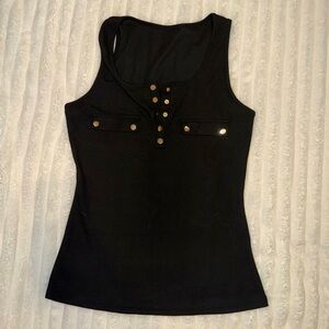 Black Sleeveless Henley Tank with Gold Button Accents
